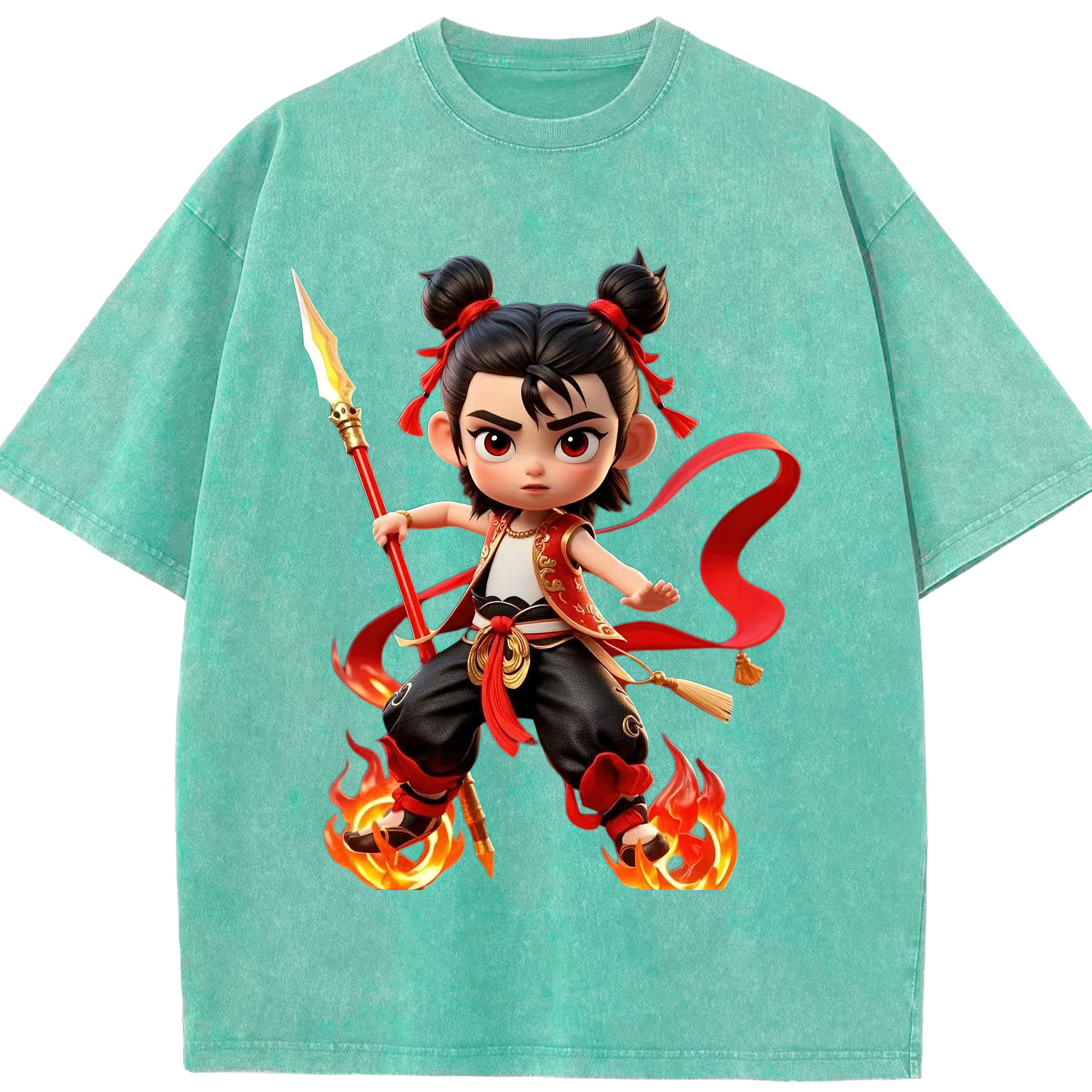 （画像用） Ne Zha 2 ナタ 魔童の大暴れ 綿100% ヴィンテージ風 半袖Tシャツ（フロントプリント）